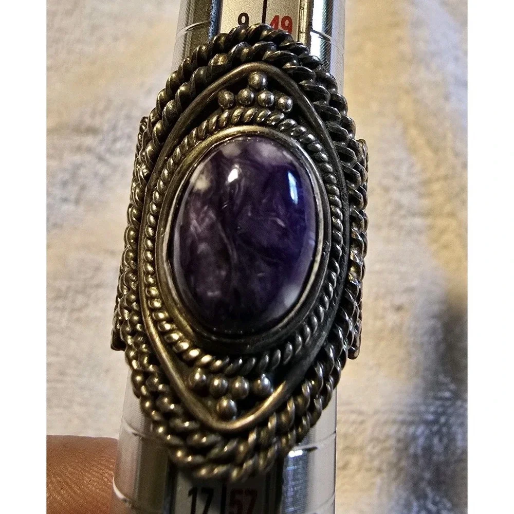 Charoite 925 Silver Oval Ring Size 6
